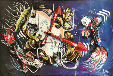 Schilderij getiteld "les 4 éléments. Eau" door Acide. Art, Origineel Kunstwerk, Acryl Gemonteerd op Frame voor houten branca…