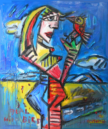 Woman with Bird Painting titled "Woman with Bird" by Martinus Sumbaji, Original Art, Acrylic