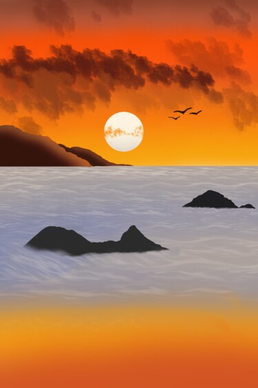 Цифровое искусство под названием "Sunset by the beach" - Sumit Ratta, Подлинное произведение искусства, Цифровая живопись