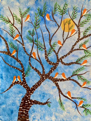 Malerei mit dem Titel "Orange birds" von Sumit Ratta, Original-Kunstwerk, Acryl