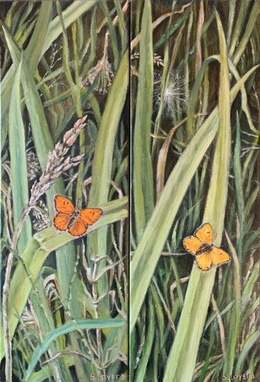 Painting titled "Butterflies" by Svetlana Loytra, Original Artwork, Oil Mounted on Wood Stretcher frame