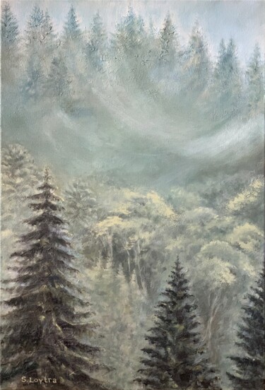 Painting titled "Fog in the Carpathi…" by Svetlana Loytra, Original Artwork, Oil Mounted on Wood Stretcher frame