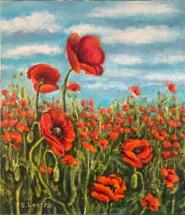 Painting titled "Poppy Field" by Svetlana Loytra, Original Artwork, Oil Mounted on Wood Stretcher frame