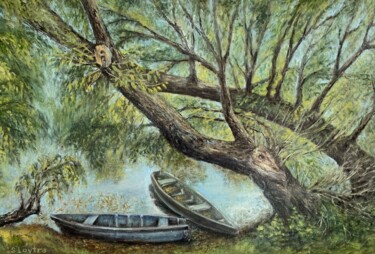 Painting titled "River Harbor" by Svetlana Loytra, Original Artwork, Oil Mounted on Wood Stretcher frame