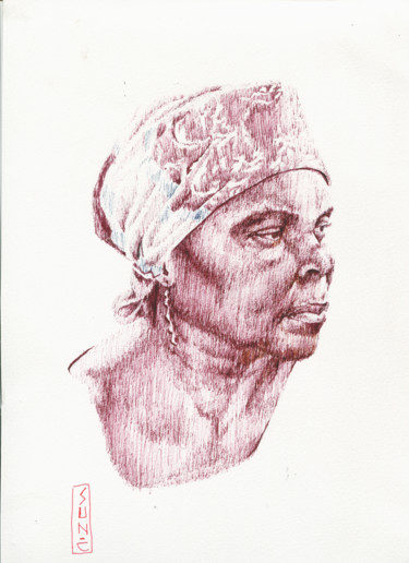 Dessin intitulée "La Dame au foulard" par Sun.C, Œuvre d'art originale, Encre