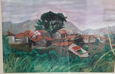 Painting titled "Village nostalgique" by Sun Shine, Original Artwork, Oil Mounted on Glass