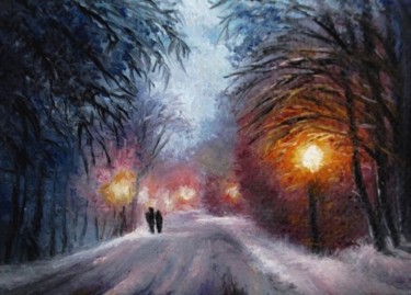 Peinture intitulée "Aceo winter walk oi…" par Natalja Picugina, Œuvre d'art originale, Huile