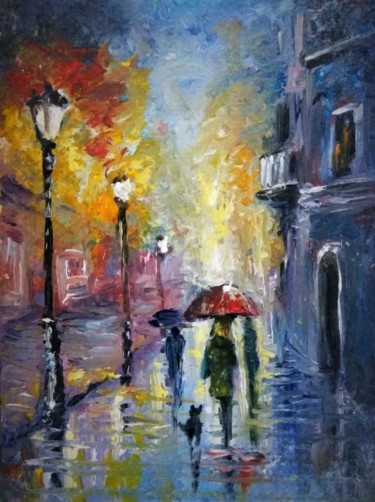 Peinture intitulée "Aceo rainy walk oil…" par Natalja Picugina, Œuvre d'art originale, Huile
