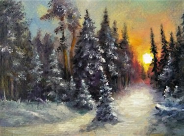 Malarstwo zatytułowany „Winter sunset minia…” autorstwa Natalja Picugina, Oryginalna praca, Olej