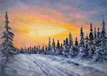 Painting titled "Winter sunset aceo…" by Natalja Picugina, Original Artwork, Oil