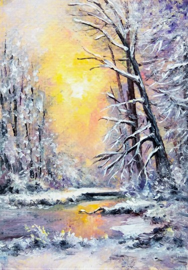Ζωγραφική με τίτλο "Winter sunset aceo…" από Natalja Picugina, Αυθεντικά έργα τέχνης, Λάδι