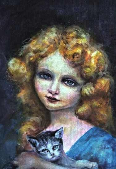 Картина под названием "Gold girl and Kitten" - Natalja Picugina, Подлинное произведение искусства, Акрил