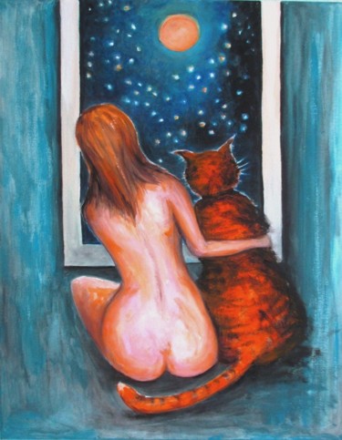 Pintura intitulada "Nude and Cat. Looki…" por Natalja Picugina, Obras de arte originais, Acrílico