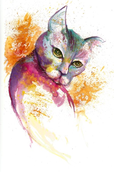 Painting titled "Cat Abstract waterc…" by Natalja Picugina, Original Artwork, Watercolor