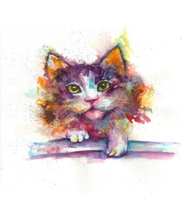 Painting titled "Kitten abstract fan…" by Natalja Picugina, Original Artwork, Watercolor