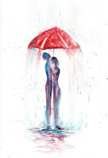 Peinture intitulée "Rain lovers waterco…" par Natalja Picugina, Œuvre d'art originale, Aquarelle
