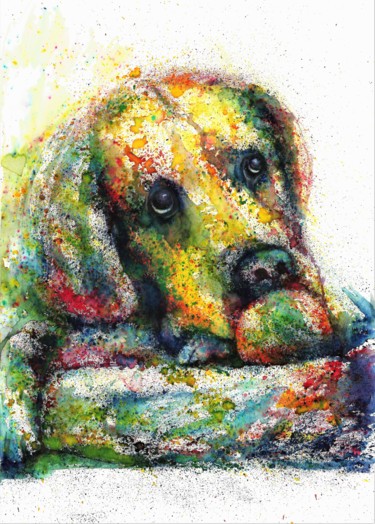 Pintura intitulada "Dog Fantasy painting" por Natalja Picugina, Obras de arte originais, Aquarela