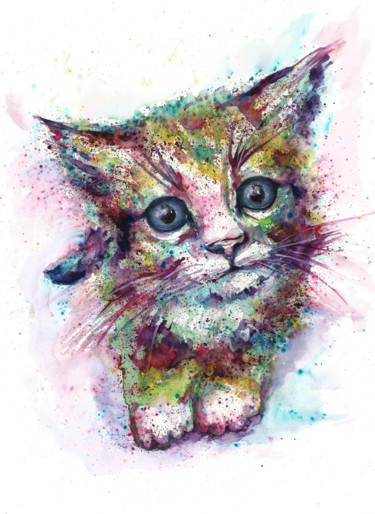 Painting titled "Kitten abstract wat…" by Natalja Picugina, Original Artwork, Watercolor