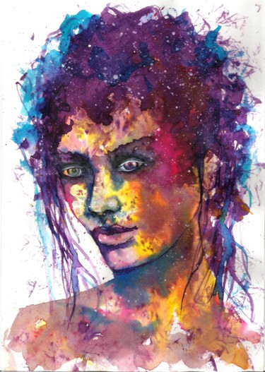 Painting titled "Women abstract face…" by Natalja Picugina, Original Artwork, Watercolor