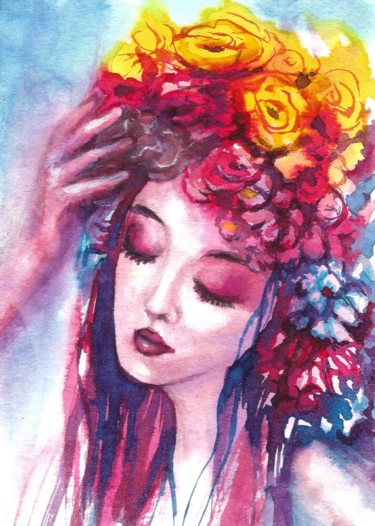 Pintura intitulada "Women face flowers" por Natalja Picugina, Obras de arte originais, Aquarela