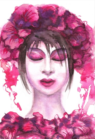 Картина под названием "Women face aceo" - Natalja Picugina, Подлинное произведение искусства, Акварель