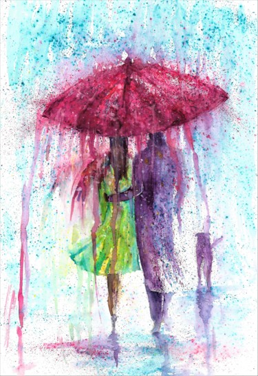 Painting titled "Rainy umbrella Fant…" by Natalja Picugina, Original Artwork, Watercolor