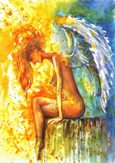 Peinture intitulée "Tired Angel" par Natalja Picugina, Œuvre d'art originale, Aquarelle