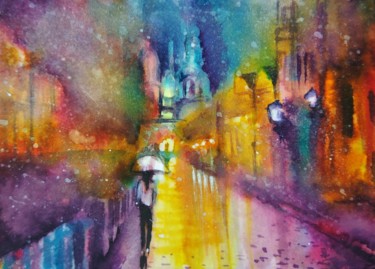 Malerei mit dem Titel "Rainy streets abstr…" von Natalja Picugina, Original-Kunstwerk, Aquarell