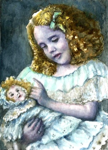 Pintura titulada "Girl with Doll" por Natalja Picugina, Obra de arte original, Acuarela