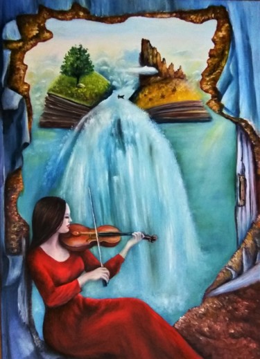 Painting titled "Woman,Violin and Se…" by Natalja Picugina, Original Artwork, Oil