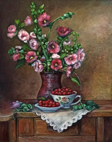 Pintura intitulada "Hollyhocks flowers…" por Natalja Picugina, Obras de arte originais, Óleo