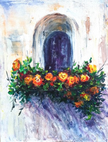 Malerei mit dem Titel "Window balcony rose…" von Natalja Picugina, Original-Kunstwerk, Acryl