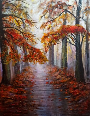 Картина под названием "Autumn road. Fall t…" - Natalja Picugina, Подлинное произведение искусства, Акрил