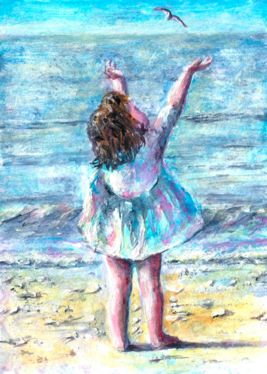 Картина под названием "Baby Girl and Sea" - Natalja Picugina, Подлинное произведение искусства, Акрил