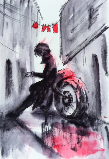 Painting titled "Woman biker waterco…" by Natalja Picugina, Original Artwork, Watercolor