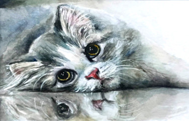 Painting titled "Kitty. Cat portrait…" by Natalja Picugina, Original Artwork, Watercolor