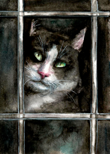 Painting titled "Cat portrait look" by Natalja Picugina, Original Artwork, Watercolor