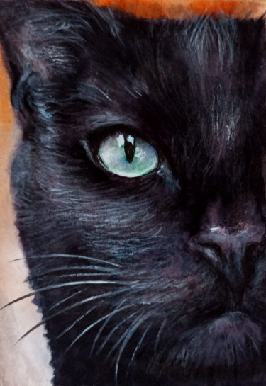 Schilderij getiteld "Black Cat portrait…" door Natalja Picugina, Origineel Kunstwerk, Aquarel