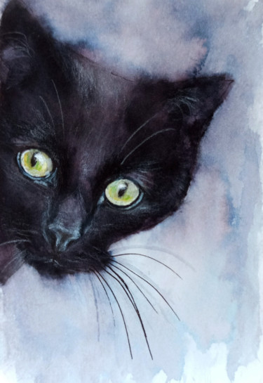 Painting titled "Cat portrait waterc…" by Natalja Picugina, Original Artwork, Watercolor
