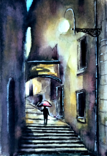 Painting titled "Rainy walk" by Natalja Picugina, Original Artwork, Watercolor