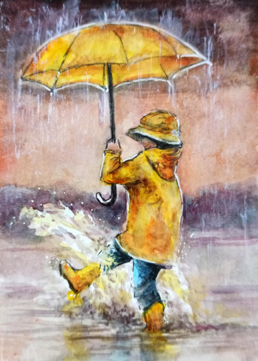 Schilderij getiteld "Funny walk. Rain. K…" door Natalja Picugina, Origineel Kunstwerk, Aquarel