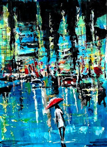 Картина под названием "Rainy streets" - Natalja Picugina, Подлинное произведение искусства, Акрил