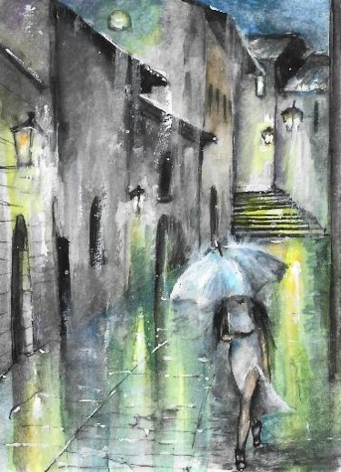 Картина под названием "Night lights city s…" - Natalja Picugina, Подлинное произведение искусства, Акварель