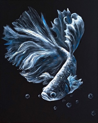 Schilderij getiteld "Gold fish in black…" door Natalja Picugina, Origineel Kunstwerk, Olie