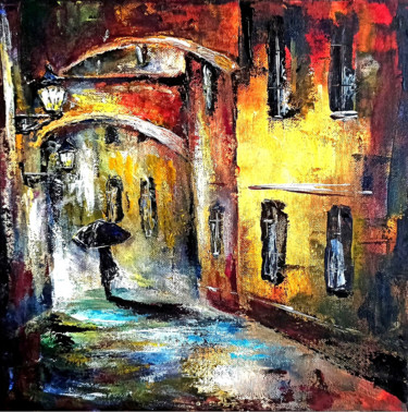 Pittura intitolato "Rainy city streets…" da Natalja Picugina, Opera d'arte originale, Acrilico