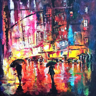 Painting titled "Rain.City night lig…" by Natalja Picugina, Original Artwork, Acrylic