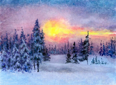 Pittura intitolato "Winter sunset minia…" da Natalja Picugina, Opera d'arte originale, Olio