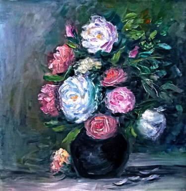 Painting titled "Roses vase bouquet…" by Natalja Picugina, Original Artwork, Oil