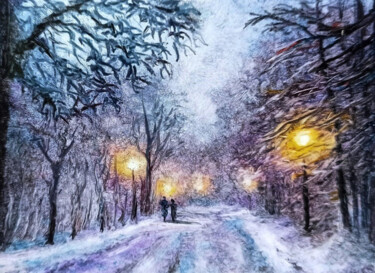 Painting titled "Winter night walk t…" by Natalja Picugina, Original Artwork, Oil
