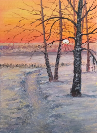 Картина под названием "Winter snow sunset…" - Natalja Picugina, Подлинное произведение искусства, Масло